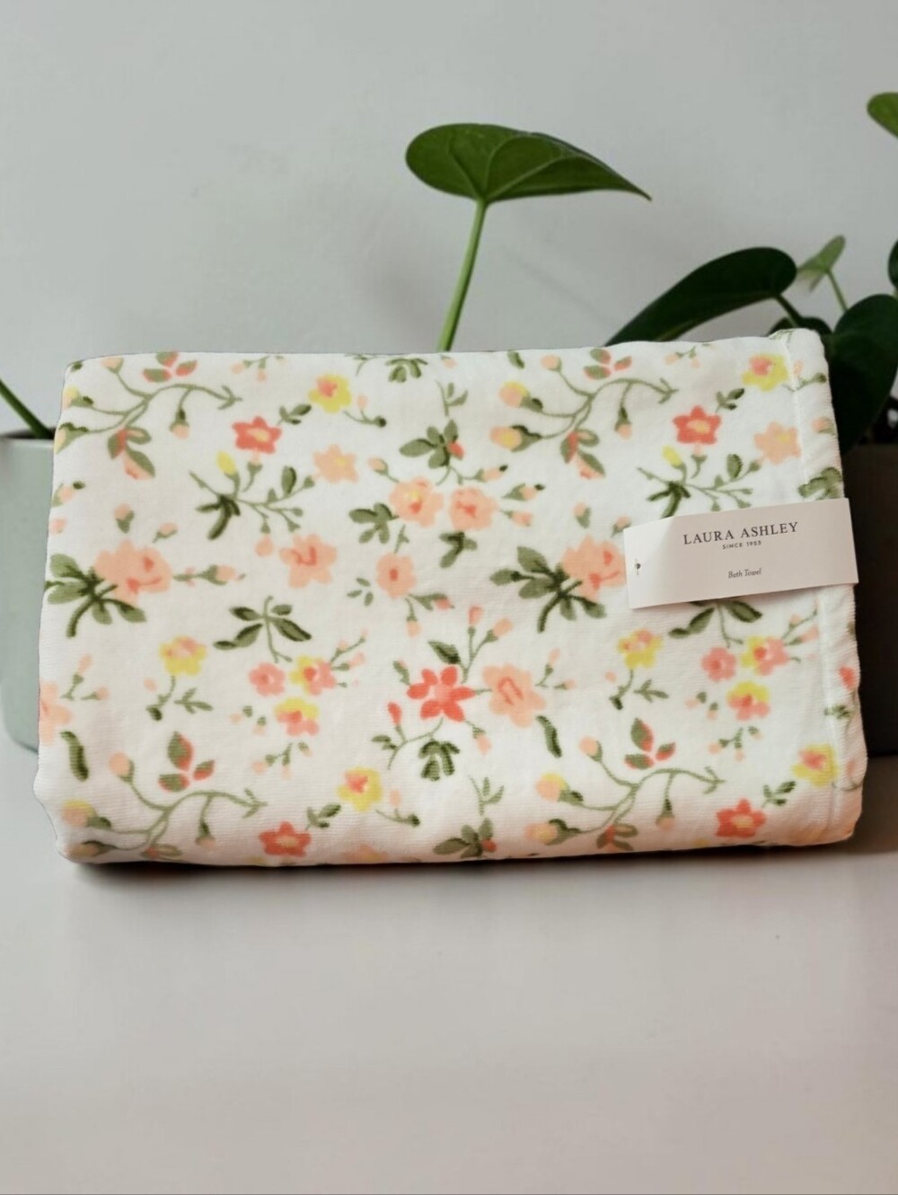 Laura Ashley Peach and Green Floral Bath Towels Set of 2 100% Cotton